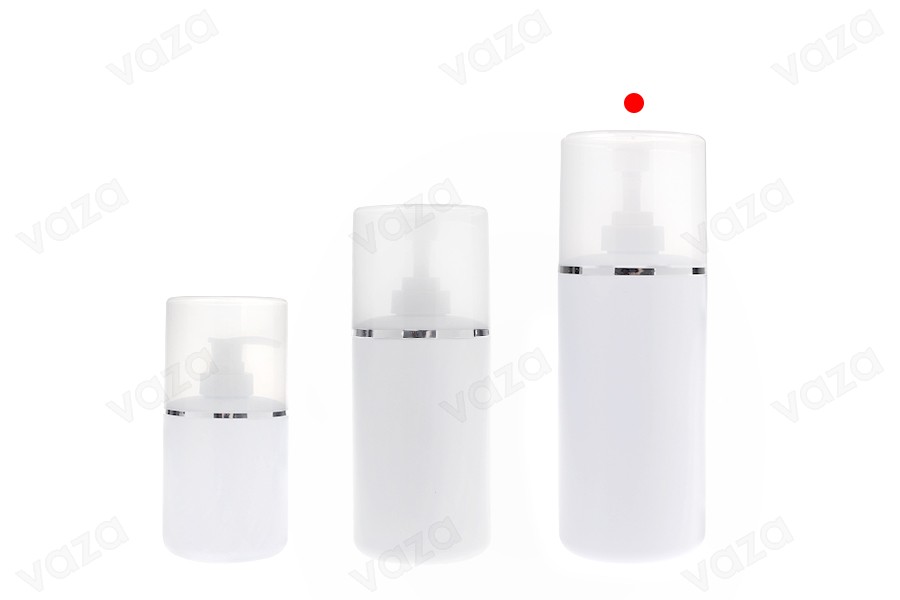 Shishe plastike (HDPE) e bardhë 500 ml me pompë kremi dhe kapak transparent me shirit argjendi-imazh_grup