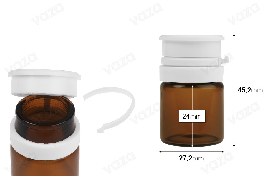 Γυάλινο φιαλίδιο 10 ml σε διάφανο ή καραμελέ χρώμα με λευκό κουμπωτό καπάκι ασφαλείας (PP24) για φάρμακα και ομοιοπαθητικά Γυάλινο φιαλίδιο 10 ml σε διάφανο ή καραμελέ χρώμα με λευκό κουμπωτό καπάκι ασφαλείας (PP24) για φάρμακα και ομοιοπαθητικά-εικόνα_διαστάσεις