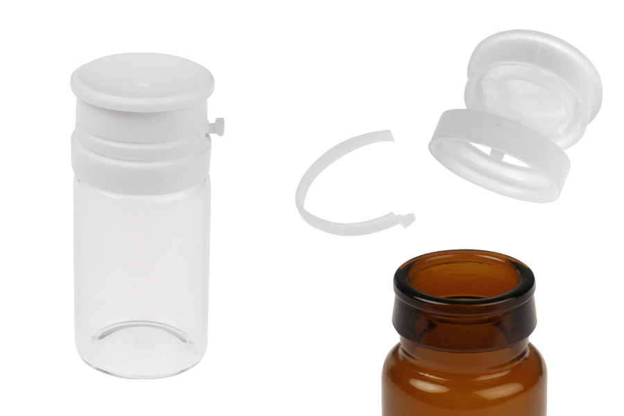 Flaconcino in vetro da 15 ml di colore trasparente o caramello con tappo di sicurezza bianco a scatto (PP24) per medicinali e prodotti omeopatici-immagine_prodotto