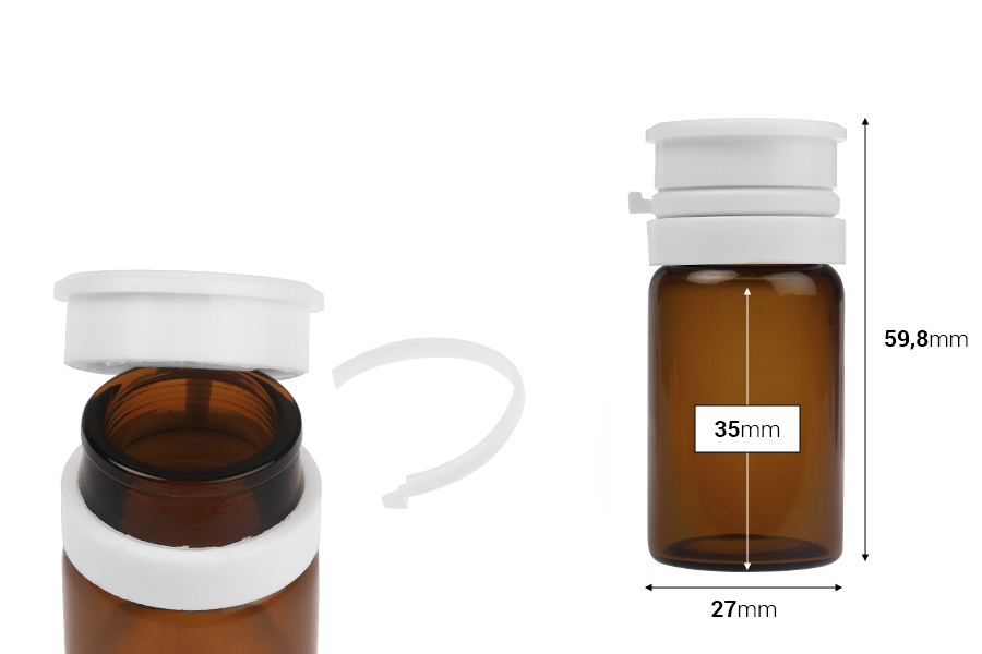 Flaconcino in vetro da 15 ml di colore trasparente o caramello con tappo di sicurezza bianco a scatto (PP24) per medicinali e prodotti omeopatici-dimensioni_immagine