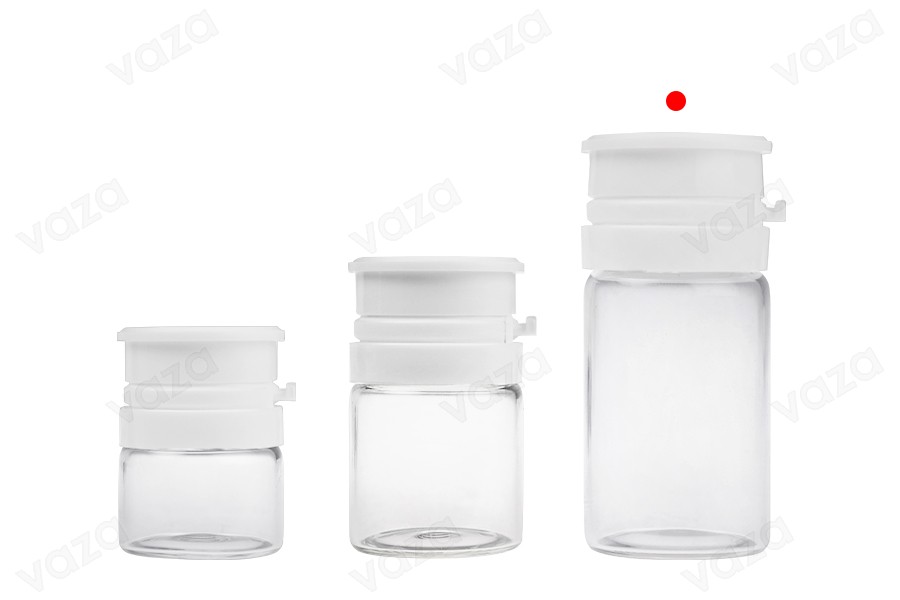 Shishe qelqi 15 ml me ngjyrë transparente ose karamel me kapak sigurie të bardhë (PP24)  e përshtatshme për produkte farmaceutike dhe homeopatike-imazh_grup