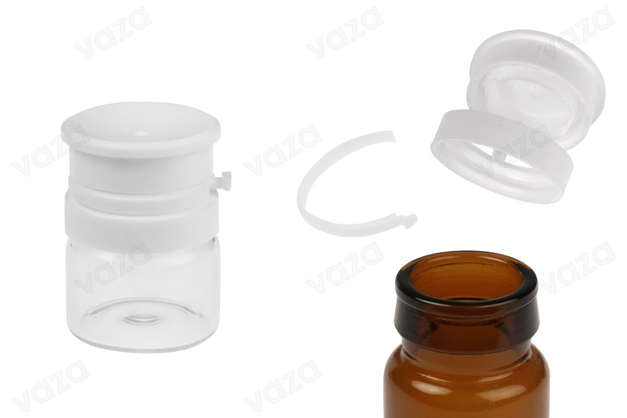 5 ml Glasfläschchen in transparenter oder karamellfarbener Farbe mit weißem Schnappverschluss (PP24) für Medikamente und Homöopathika 5 ml Glasfläschchen in transparenter oder karamellfarbener Farbe mit weißem Schnappverschluss (PP24) für Medikamente und Homöopathika-produktbild