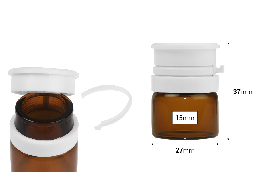 Flacon en verre de 5 ml de couleur transparente ou caramel avec bouchon de sécurité blanc à pression (PP24) pour médicaments et produits homéopathiques Flacon en verre de 5 ml de couleur transparente ou caramel avec bouchon de sécurité blanc à pression (PP24) pour médicaments et produits homéopathiques-photo_dimensions