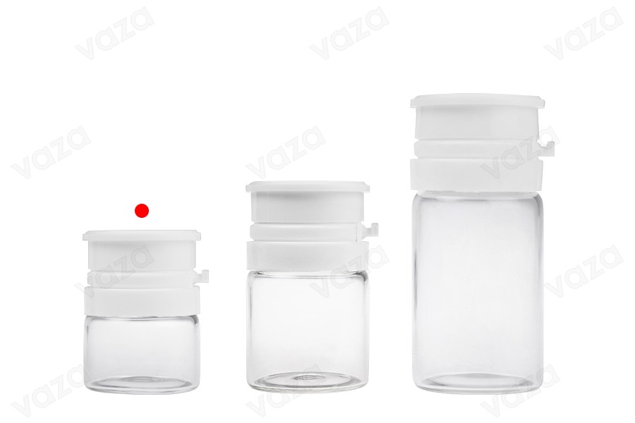 5 ml Glasfläschchen in transparenter oder karamellfarbener Farbe mit weißem Schnappverschluss (PP24) für Medikamente und Homöopathika 5 ml Glasfläschchen in transparenter oder karamellfarbener Farbe mit weißem Schnappverschluss (PP24) für Medikamente und Homöopathika-bildgruppe