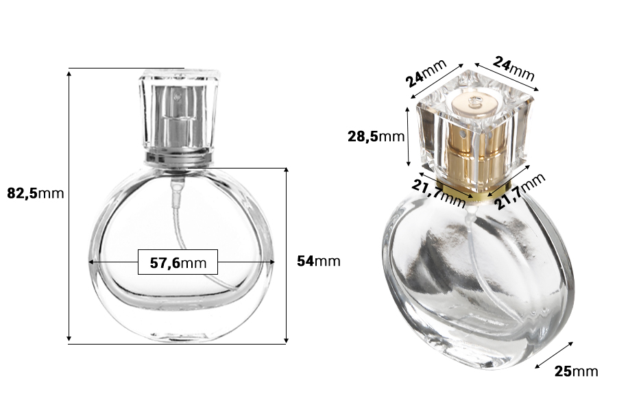 Flacone in vetro trasparente per profumo da 25 ml con pompa spray e tappo trasparente Flacone in vetro trasparente per profumo da 25 ml con pompa spray e tappo trasparente-dimensioni_immagine