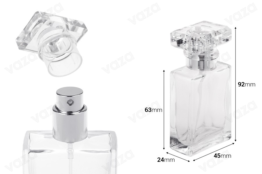 Flacone in vetro trasparente per profumo da 30 ml con pompetta spray e tappo Flacone in vetro trasparente per profumo da 30 ml con pompetta spray e tappo-dimensioni_immagine