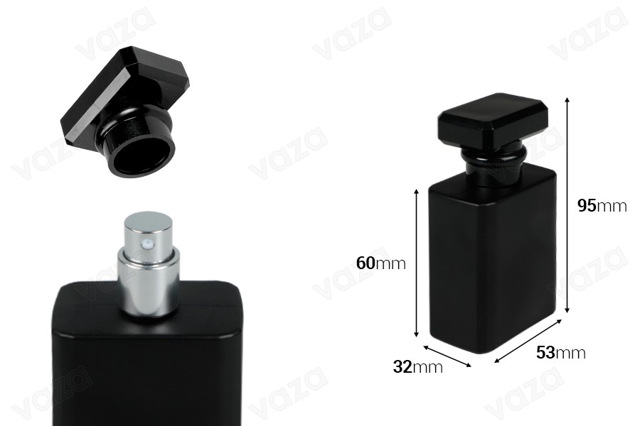 Shishe parfumi prej qelqi 50 ml në ngjyrë të zezë me sprej dhe kapak-imazh_dimensione
