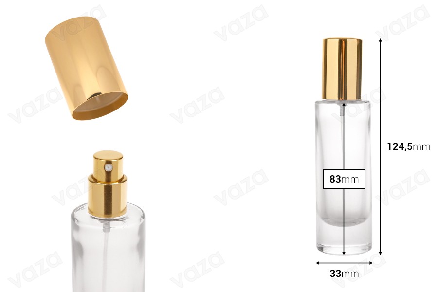 Transparent 30ml perfume glass bottle with aluminum spray pump and cap Transparent 30ml perfume glass bottle with aluminum spray pump and cap-image_dimensions