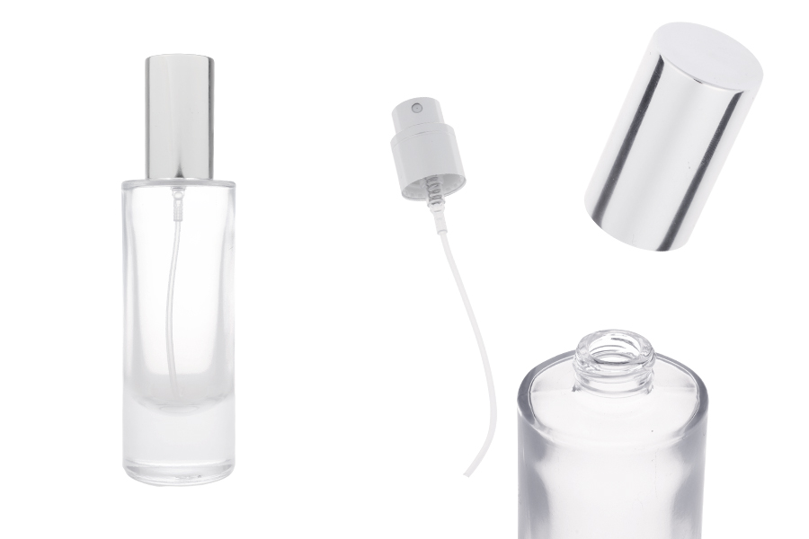 Flacone di profumo in vetro trasparente da 30 ml con pompa spray in alluminio argentato e tappo-immagine_prodotto