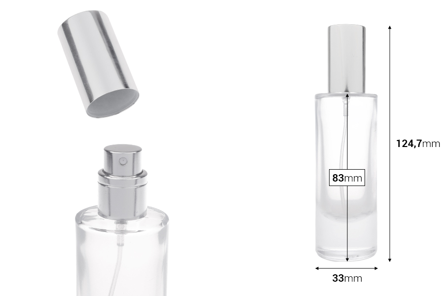 Flacone di profumo in vetro trasparente da 30 ml con pompa spray in alluminio argentato e tappo-dimensioni_immagine