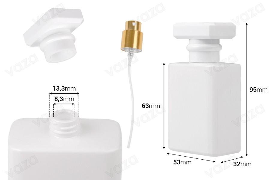 Glass perfume bottle 50 ml in white color with spray and cap Glass perfume bottle 50 ml in white color with spray and cap-image_dimensions