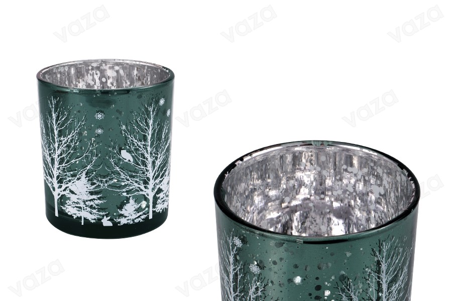 Candeliere decorativo natalizio in vetro con alberi innevati (senza coperchio) di colore verde-immagine_prodotto