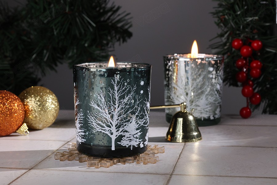 Candeliere decorativo natalizio in vetro con alberi innevati (senza coperchio) di colore verde-gruppo_immagini