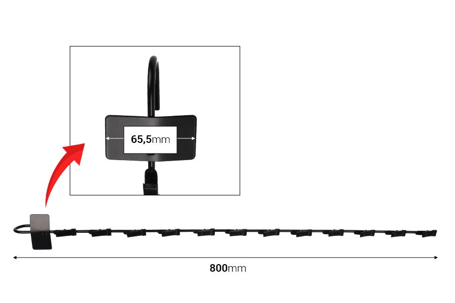 Gancio metallico 65,5x800 mm per esposizione prodotti con 12 clip-dimensioni_immagine