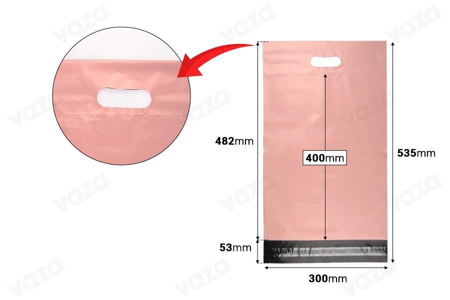 Qese korrieri 300x400 mm rozë të papërshkueshme nga uji PE me mbyllje me ngjitje dhe dorezë - 100 copë   -imazh_dimensione
