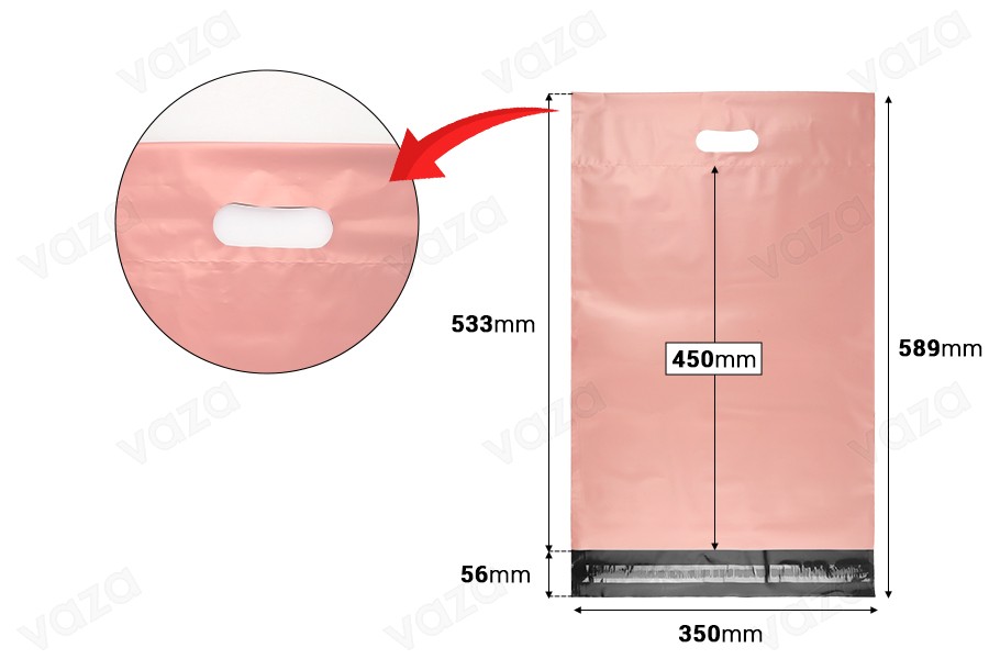 Courier bags 350x450 mm pink waterproof PE with self-adhesive closure and handle - 100 pcs Courier bags 350x450 mm pink waterproof PE with self-adhesive closure and handle - 100 pcs-image_dimensions