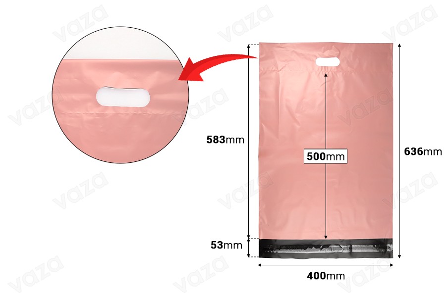 Courier bags 400x500 mm pink waterproof PE with self-adhesive closure and handle - 100 pcs-image_dimensions