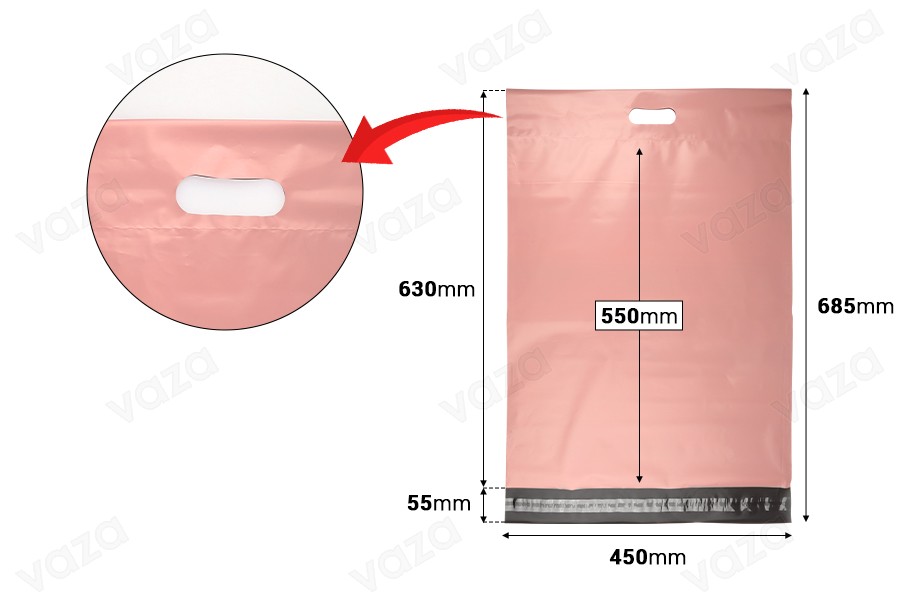 Courier bags 450x550 mm pink waterproof PE with self-adhesive closure and handle - 100 pcs-image_dimensions