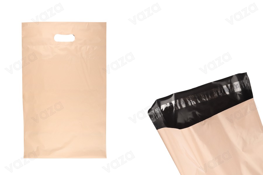 Σακούλες μεταφορών courier 300x400 mm μπεζ αδιάβροχες PE με αυτοκόλλητο κλείσιμο και χειρολαβή - 100 τμχ-εικόνα_προϊοντική