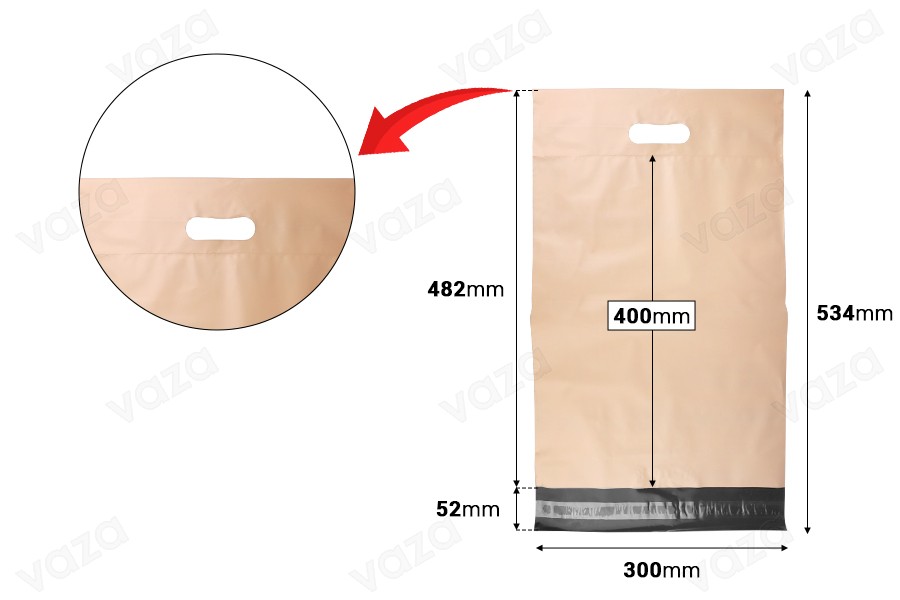 Σακούλες μεταφορών courier 300x400 mm μπεζ αδιάβροχες PE με αυτοκόλλητο κλείσιμο και χειρολαβή - 100 τμχ-εικόνα_διαστάσεις