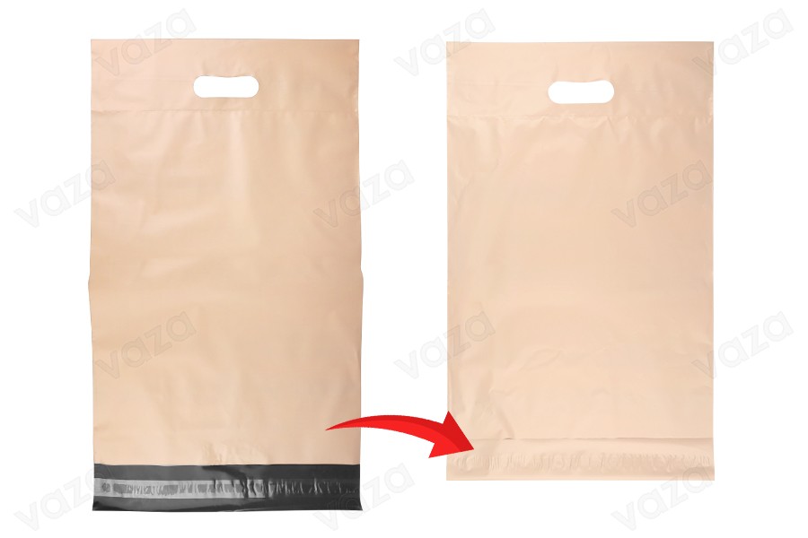 Σακούλες μεταφορών courier 300x400 mm μπεζ αδιάβροχες PE με αυτοκόλλητο κλείσιμο και χειρολαβή - 100 τμχ-εικόνα_σύνθεση