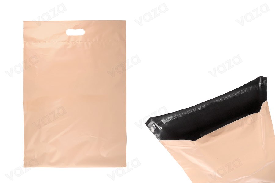Σακούλες μεταφορών courier 400x500 mm μπεζ αδιάβροχες PE με αυτοκόλλητο κλείσιμο και χειρολαβή - 100 τμχ-εικόνα_προϊοντική