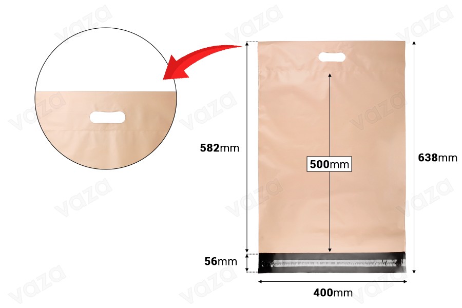 Σακούλες μεταφορών courier 400x500 mm μπεζ αδιάβροχες PE με αυτοκόλλητο κλείσιμο και χειρολαβή - 100 τμχ-εικόνα_διαστάσεις