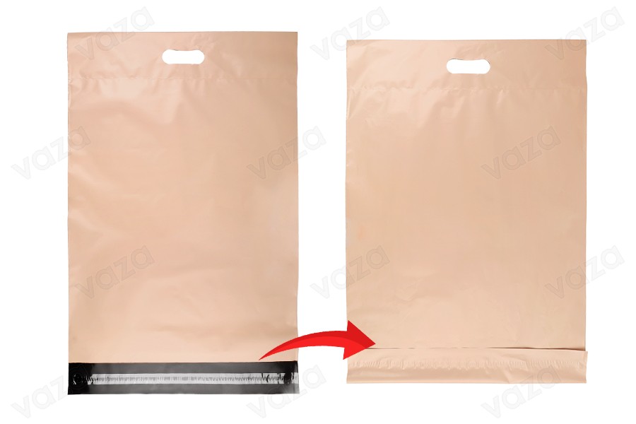 Σακούλες μεταφορών courier 400x500 mm μπεζ αδιάβροχες PE με αυτοκόλλητο κλείσιμο και χειρολαβή - 100 τμχ-εικόνα_σύνθεση