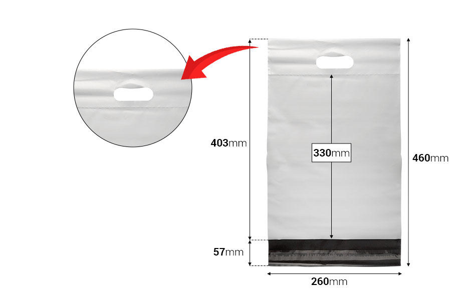 Courier bags 260x330 mm white waterproof PE with self-adhesive closure and handle - 100 pcs