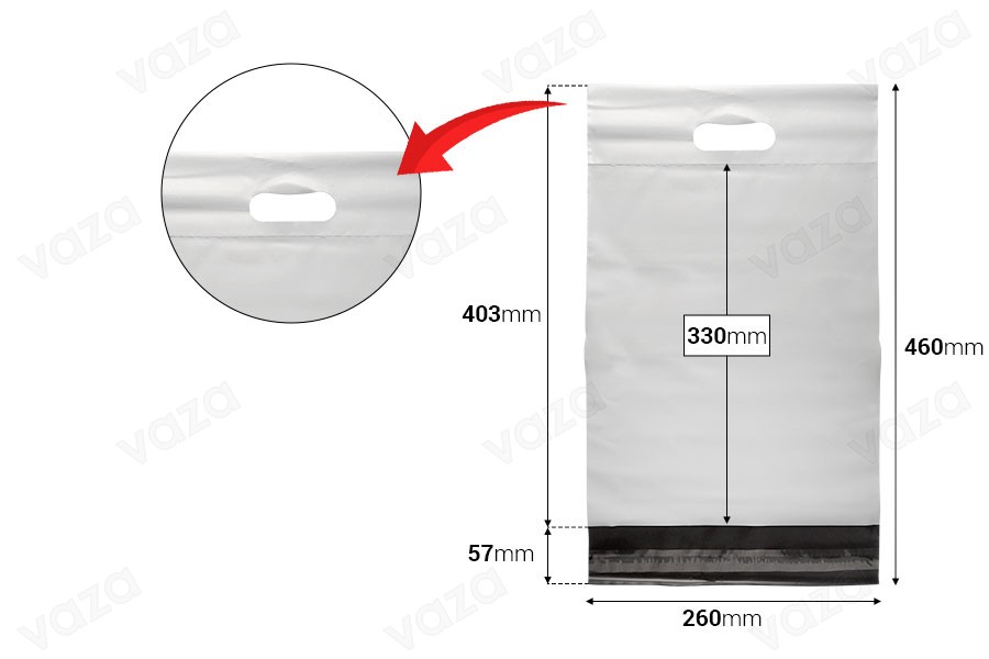 Courier bags 260x330 mm white waterproof PE with self-adhesive closure and handle - 100 pcs-image_dimensions
