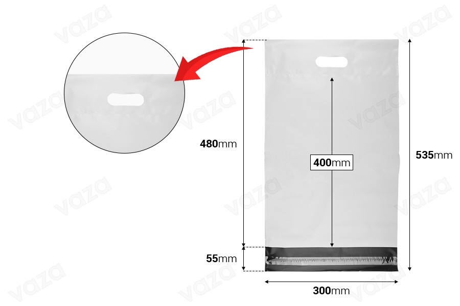 Σακούλες μεταφορών courier 300x400 mm λευκές αδιάβροχες PE με αυτοκόλλητο κλείσιμο και χειρολαβή - 100 τμχ Σακούλες μεταφορών courier 300x400 mm λευκές αδιάβροχες PE με αυτοκόλλητο κλείσιμο και χειρολαβή - 100 τμχ-εικόνα_διαστάσεις