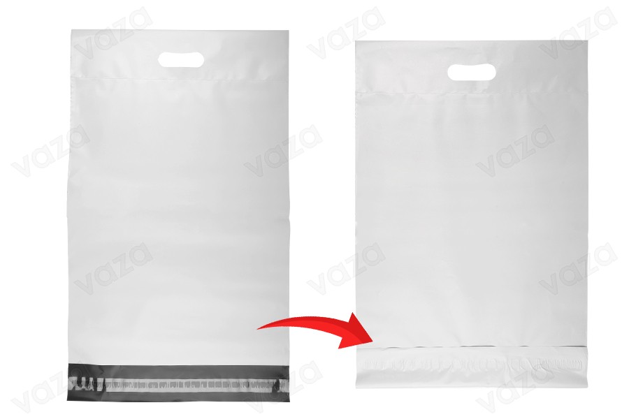 Busta per spedizione 350x450 mm in PE bianco impermeabile con chiusura autoadesiva e maniglia - 100 pezzi-εικόνα_σύνθεση