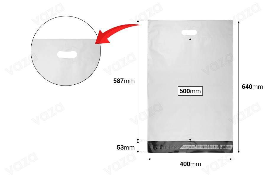 Courier bags 400x500 mm white waterproof PE with self-adhesive closure and handle - 100 pcs-image_dimensions