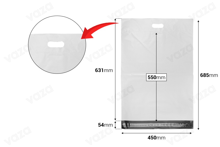 Courier bags 450x550 mm white waterproof PE with self-adhesive closure and handle - 100 pcs Courier bags 450x550 mm white waterproof PE with self-adhesive closure and handle - 100 pcs-image_dimensions