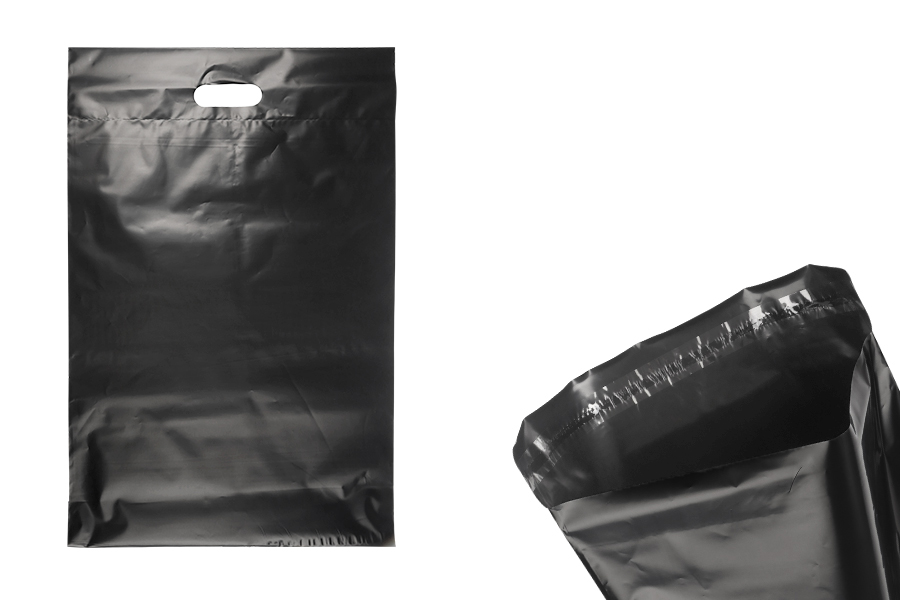 Σακούλες μεταφορών courier 350x450 mm μαύρες αδιάβροχες PE με αυτοκόλλητο κλείσιμο και χειρολαβή - 100 τμχ