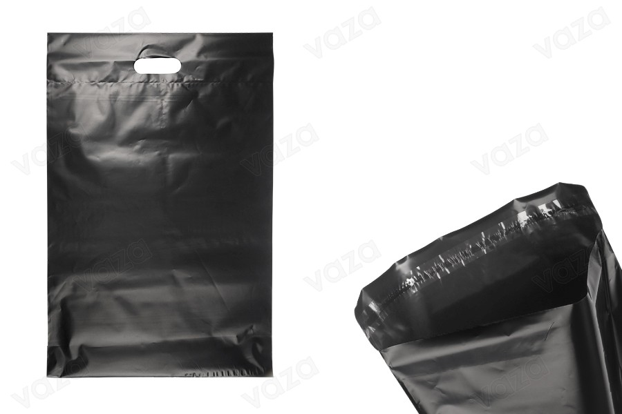 Σακούλες μεταφορών courier 350x450 mm μαύρες αδιάβροχες PE με αυτοκόλλητο κλείσιμο και χειρολαβή - 100 τμχ-εικόνα_προϊοντική