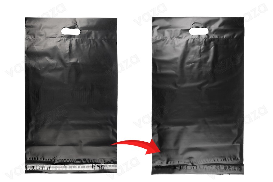 Σακούλες μεταφορών courier 350x450 mm μαύρες αδιάβροχες PE με αυτοκόλλητο κλείσιμο και χειρολαβή - 100 τμχ-εικόνα_σύνθεση