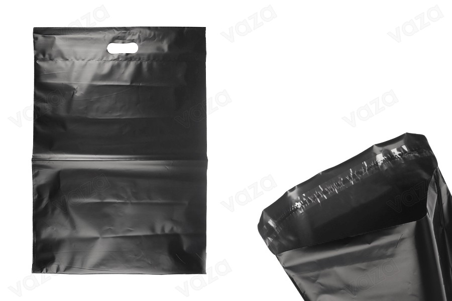 Pochette d'expédition 400x500 mm noire imperméable en PE avec fermeture autocollante et poignée – 100 pièces-photo_produit
