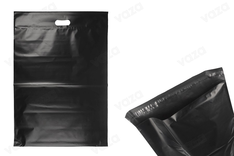Pochette d'expédition 450x550 mm noire imperméable en PE avec fermeture autocollante et poignée – 100 pièces-photo_produit