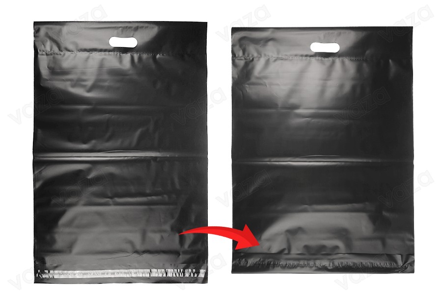 Pochette d'expédition 450x550 mm noire imperméable en PE avec fermeture autocollante et poignée – 100 pièces-photo_groupe