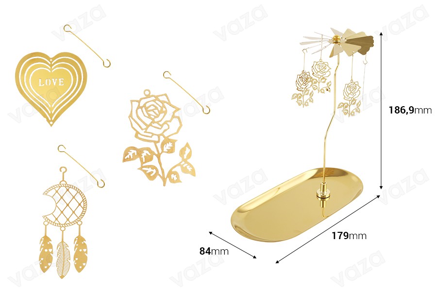 Decorative carousel in various designs with gold metal base for tealights or candles Decorative carousel in various designs with gold metal base for tealights or candles-image_dimensions