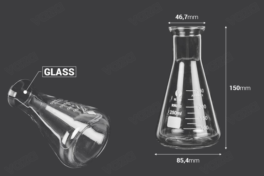 Γυάλινη κωνική φιάλη 250 ml με ενδείξεις ογκομέτρησης Γυάλινη κωνική φιάλη 250 ml με ενδείξεις ογκομέτρησης -εικόνα_διαστάσεις