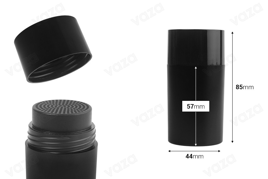Flacone nero da 15 ml (44x85 mm) con fori e tappo-dimensioni_immagine