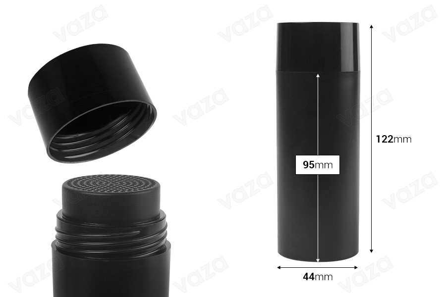 Μπουκαλάκι μαύρο 30 ml (44x122 mm) με οπές και καπάκι-εικόνα_διαστάσεις