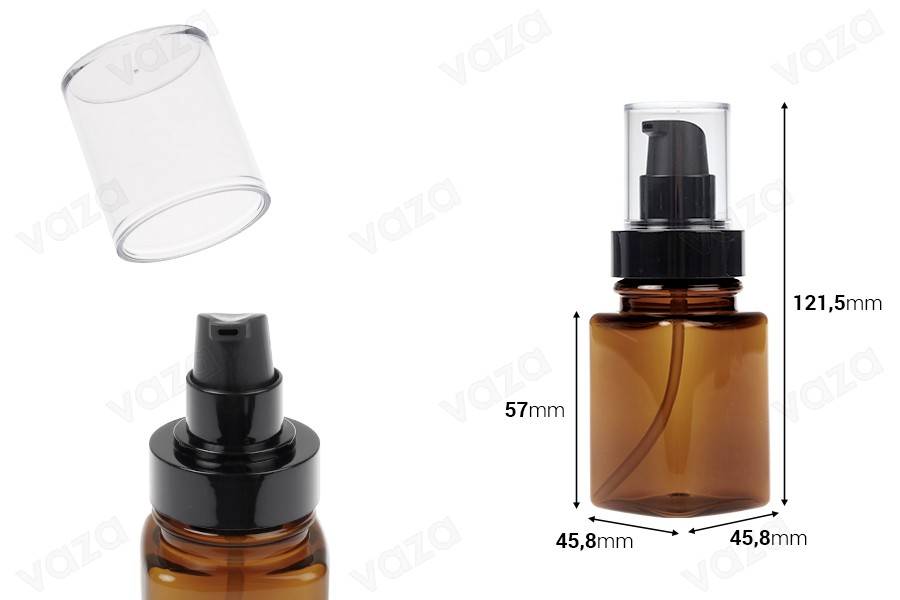 Plastic amber bottle 100 ml with black cream pump and transparent cap Plastic amber bottle 100 ml with black cream pump and transparent cap-image_dimensions
