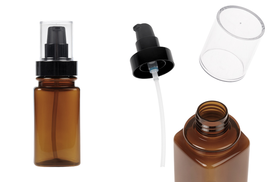 Bouteille en plastique ambré de 120 ml avec pompe à crème noire et bouchon transparent Bouteille en plastique ambré de 120 ml avec pompe à crème noire et bouchon transparent-photo_produit