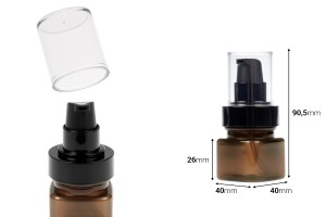 Bottiglia in plastica ambrata da 30 ml con dosatore a pompa color crema nero e tappo trasparente.-εικόνα_διαστάσεις