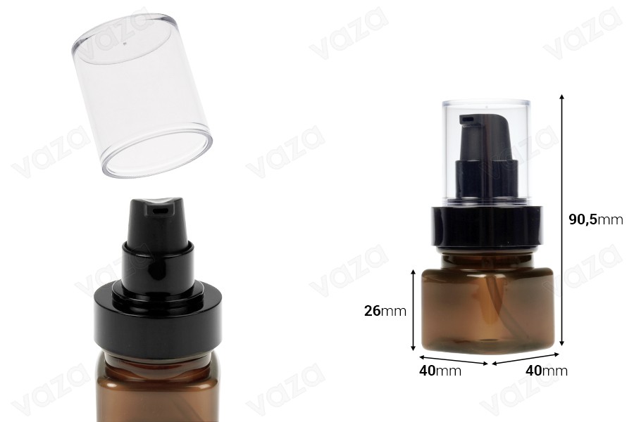 Shishe plastike ngjyrë karamel 30 ml katror me pompë kremi të zezë dhe kapak transparent Shishe plastike ngjyrë karamel 30 ml katror me pompë kremi të zezë dhe kapak transparent -imazh_dimensione