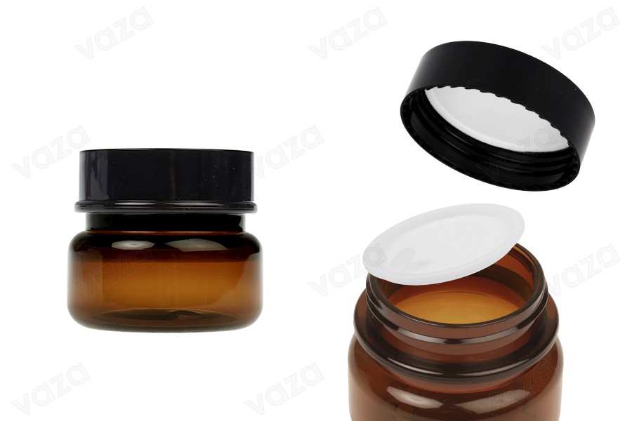 Πλαστικό καραμελέ βάζο 50 ml κυλινδρικό με πλαστικό παρέμβυσμα και καπάκι-εικόνα_προϊοντική