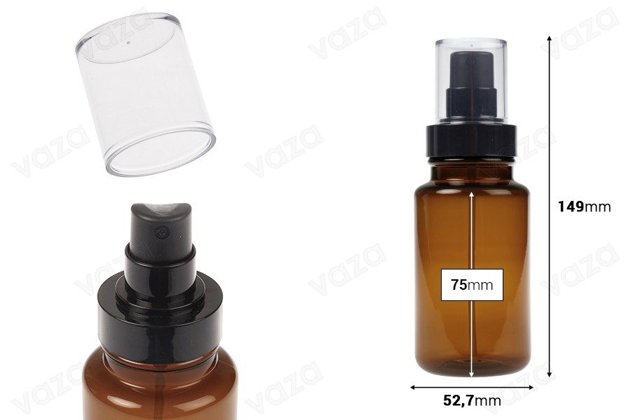 Plastic caramel bottle 160 ml cylindrical with black spray and transparent cap-image_dimensions